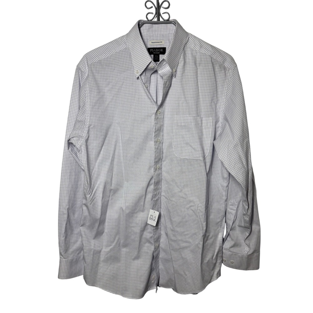 Jos. A. Bank Traditional Traveler Shirt 15.5 34/35 Purple White NWT Grid Cotton
